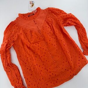 PrettyGarden Eyelet Blouse Boho Button Front Modern Women Size Small Orange Top